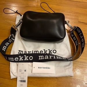 Marimekko Leather Adjustable Shoulder Bag with “MARIMEKKO” printed on the straps